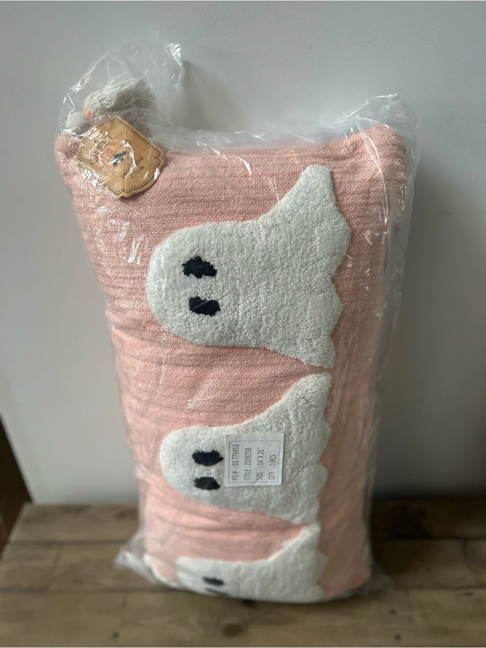 NWT Sweet Street Pink Ghost Lumbar Pillow Pastel Halloween 14x26 Tassels